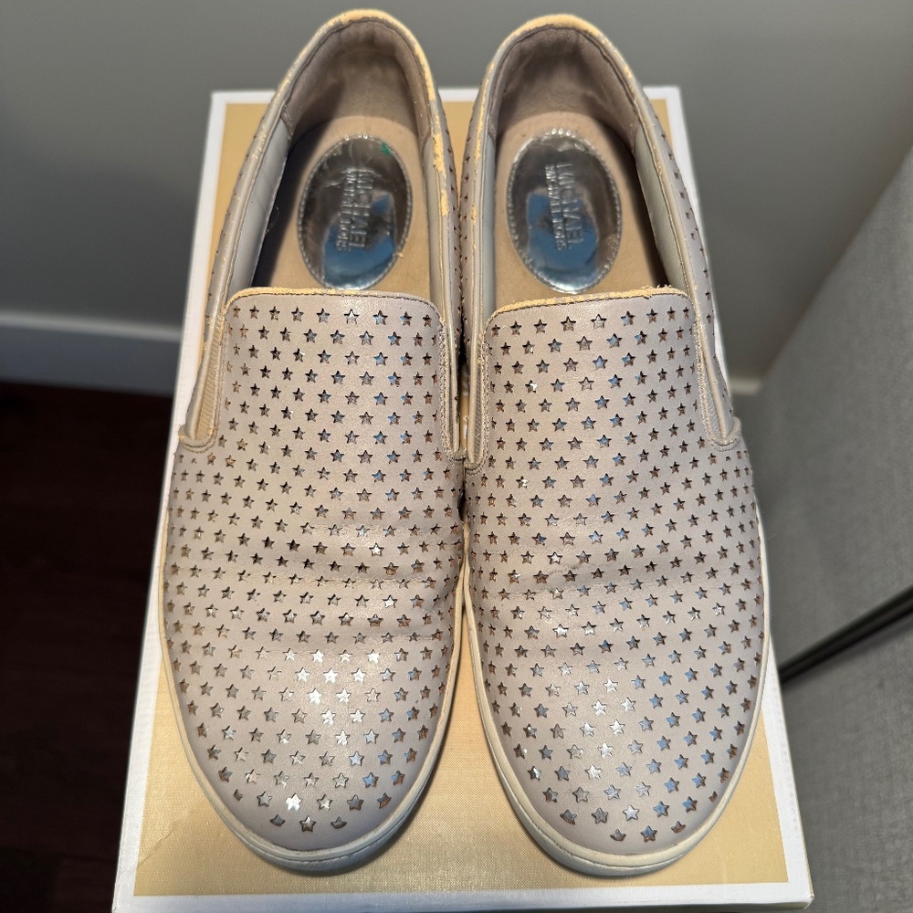 Michael Kors Keaton Slip-On Sneakers - Laser-Cut Leather - Women’s 8.5M (Cement)